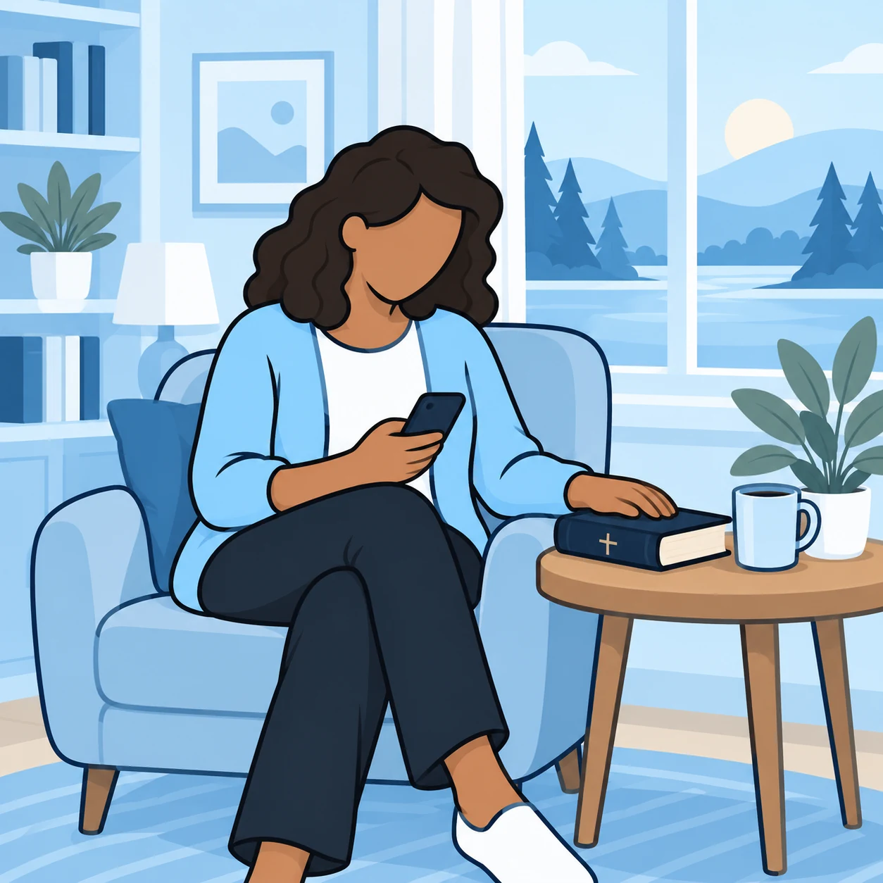 A woman pauses with her phone beside a Bible in a quiet blue living room.
